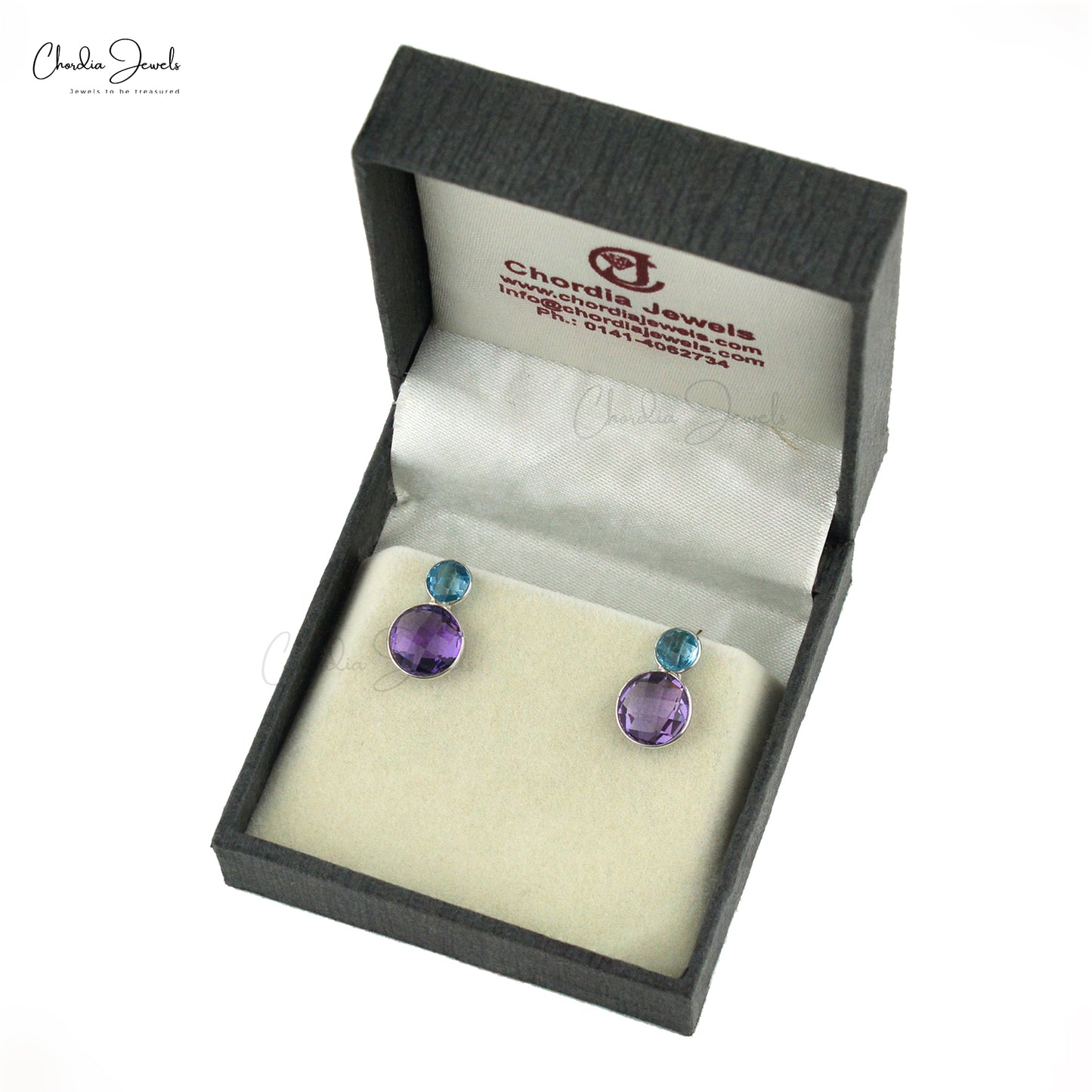 Dual Round Checker Cut 925 Sterling Silver Earrings With Amethyst & Swiss Blue Topaz Gemstone Studs From Trusted Supplier At Offer Price