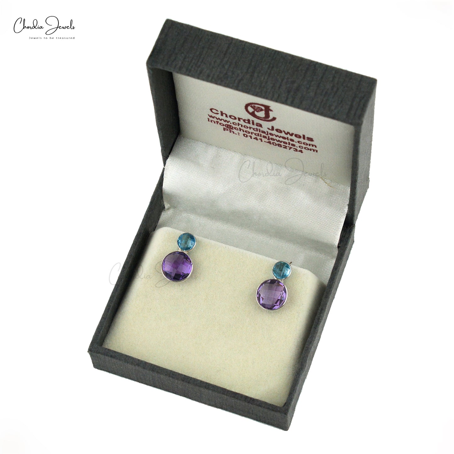 AAA Amethyst & Swiss Blue Topaz Briolette 2 Stone Stud Earrings In 925 Sterling Silver