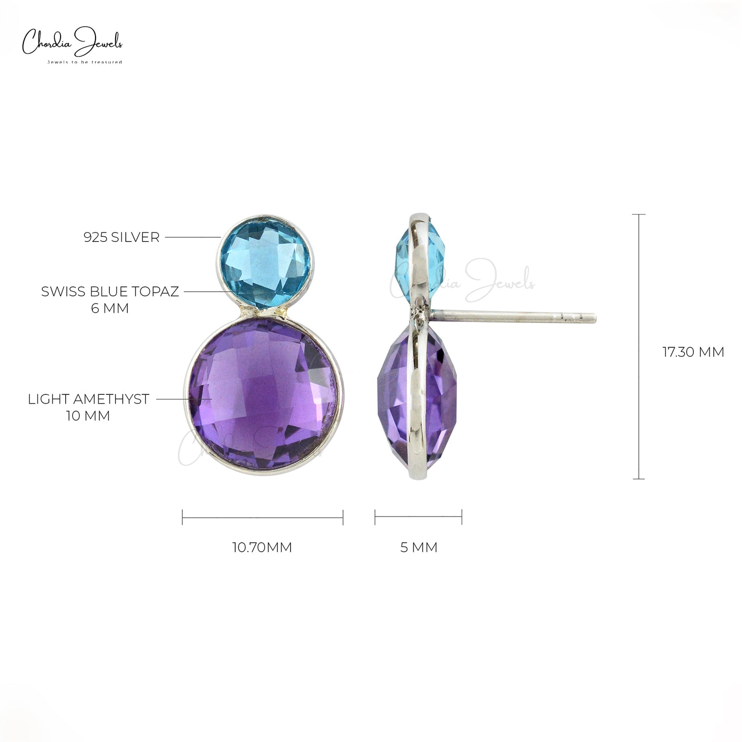AAA Amethyst & Swiss Blue Topaz Briolette 2 Stone Stud Earrings In 925 Sterling Silver
