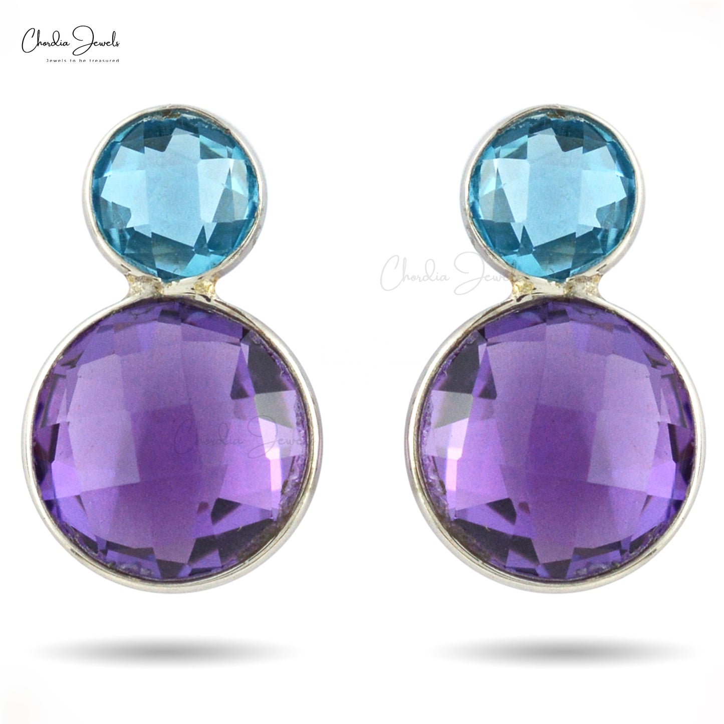 Amethyst With Swiss Blue Topaz Gemstone Silver Studs Handmade Earrings