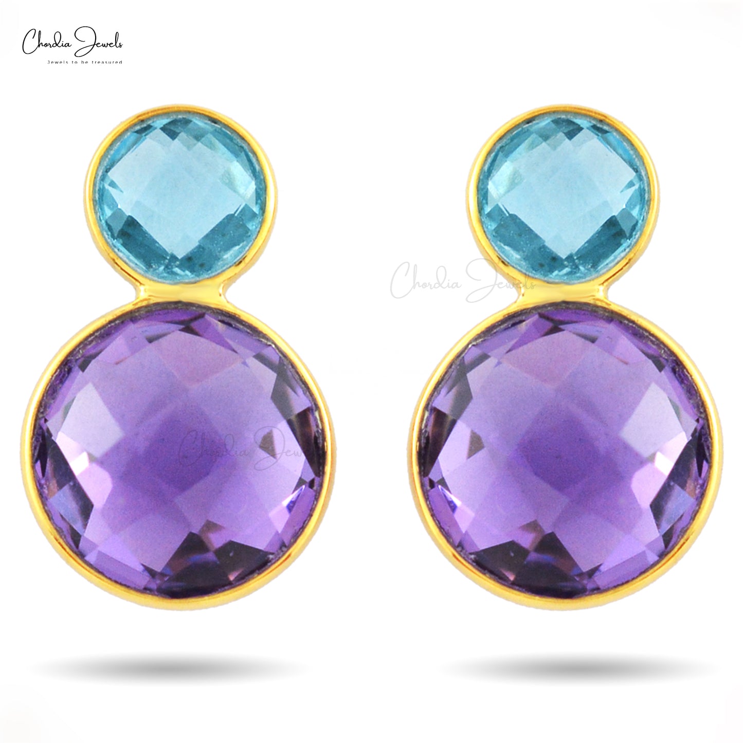 Dual Round Checker Cut 925 Sterling Silver Earrings With Amethyst & Swiss Blue Topaz Gemstone Studs From Trusted Supplier At Offer Price