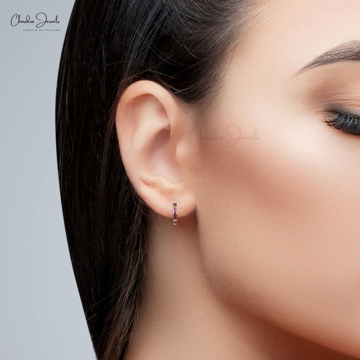 Baguette Gemstone Hoop With 4x2mm Rhodolite Garnet Solid 925 Silver Dainty Earring, 1 Piece