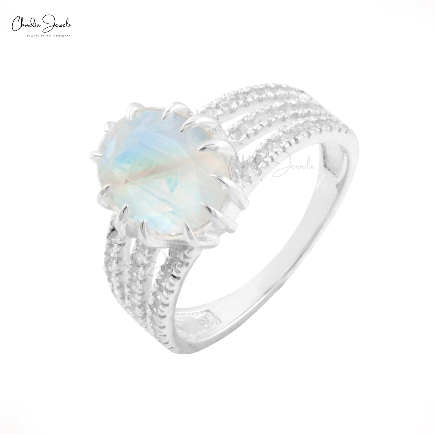 Rainbow Moonstone (Gemstone) Silver Ring  Zircon  Accents Ring