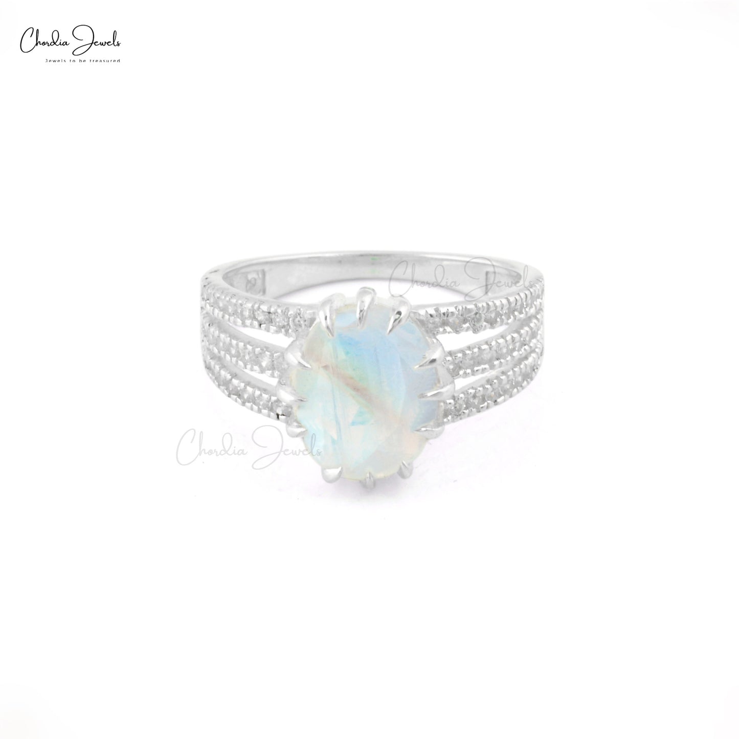 Oval Rainbow Moonstone Halo Ring With Zircon 925 Sterling Silver Split Shank Rings