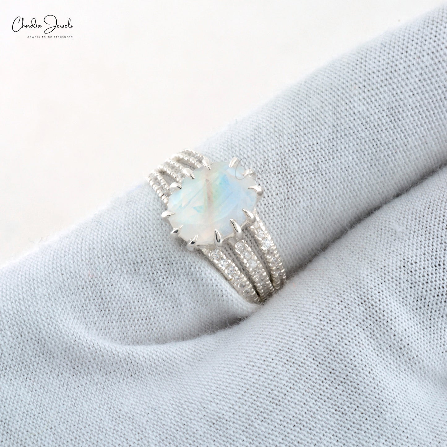 Oval Rainbow Moonstone Halo Ring With Zircon 925 Sterling Silver Split Shank Rings