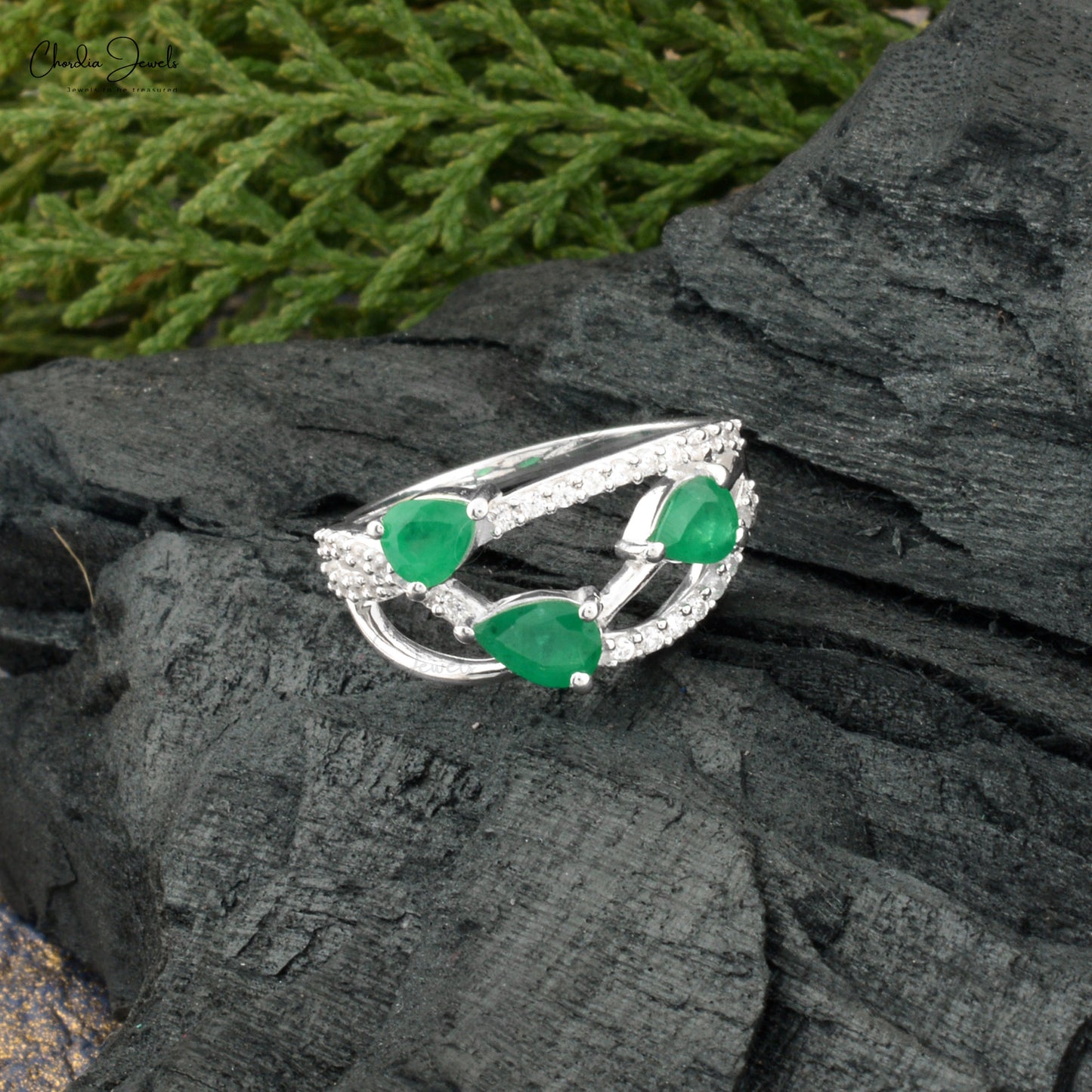 Bypass Trio Edelsteen Ring In 925 Sterling Silwer Smarag En Sirkoon Trou Ringe