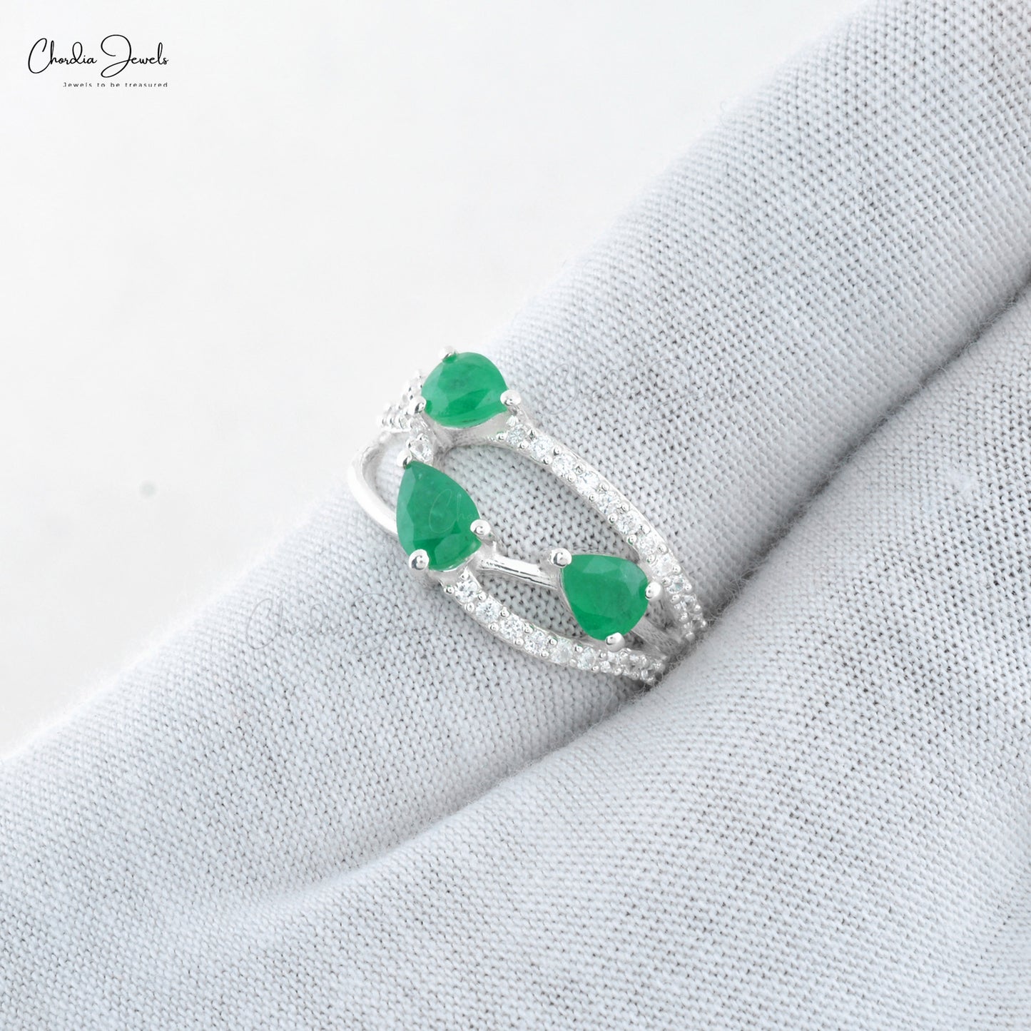 Bypass Trio Gemstone Ring In 925 Sterling Silver Emerald And Zircon Wedding Rings