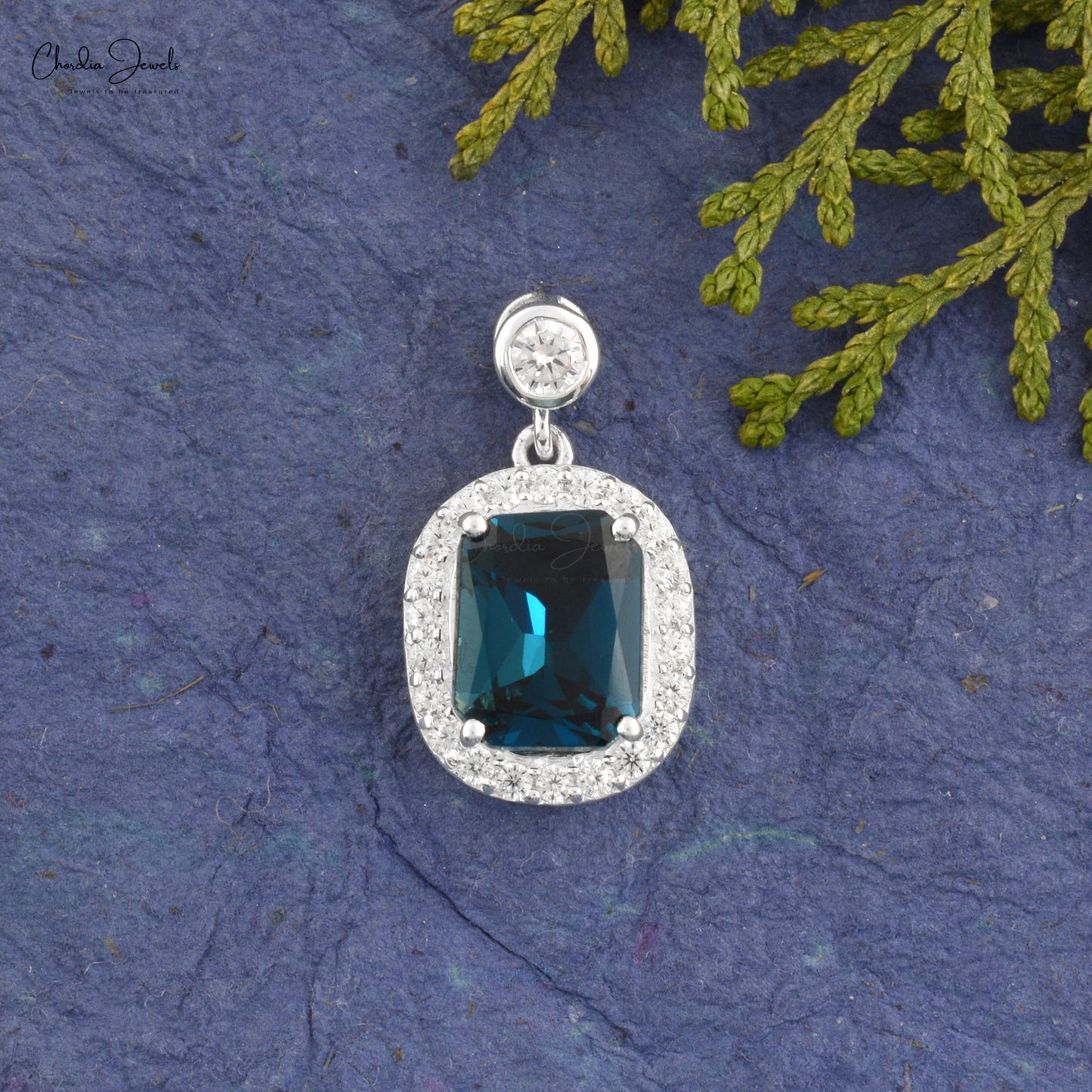 925 Sterling Silwer Halo Hangertjie Met 10x8mm Londense Blou Topaas En Sirkoon Hangertjies