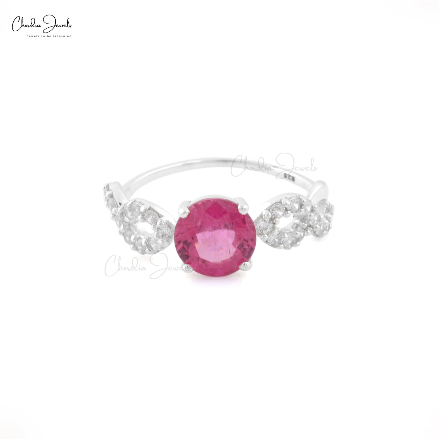 Round Cut Pink Tourmaline Infinity Ring In 925 Sterling Silver Pave Zircon Wedding Ring
