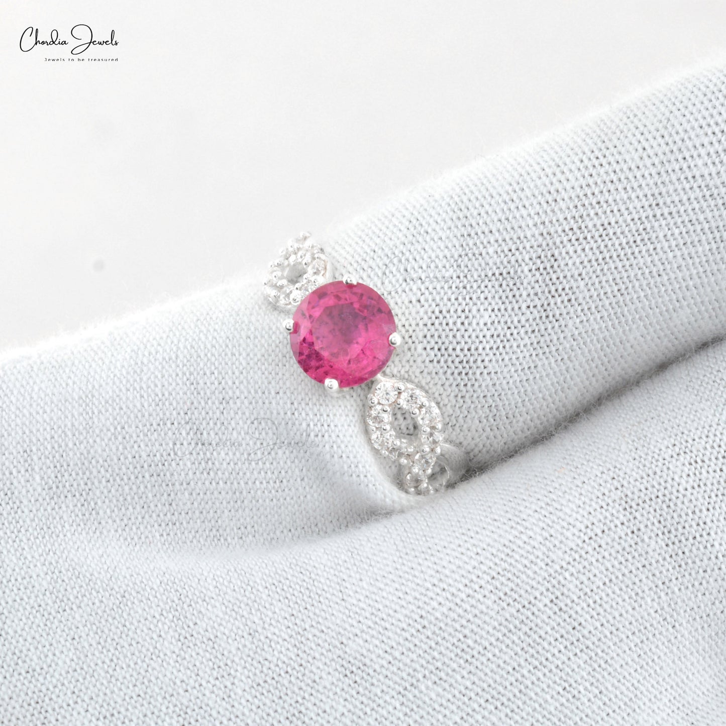 Round Cut Pink Tourmaline Infinity Ring In 925 Sterling Silver Pave Zircon Wedding Ring