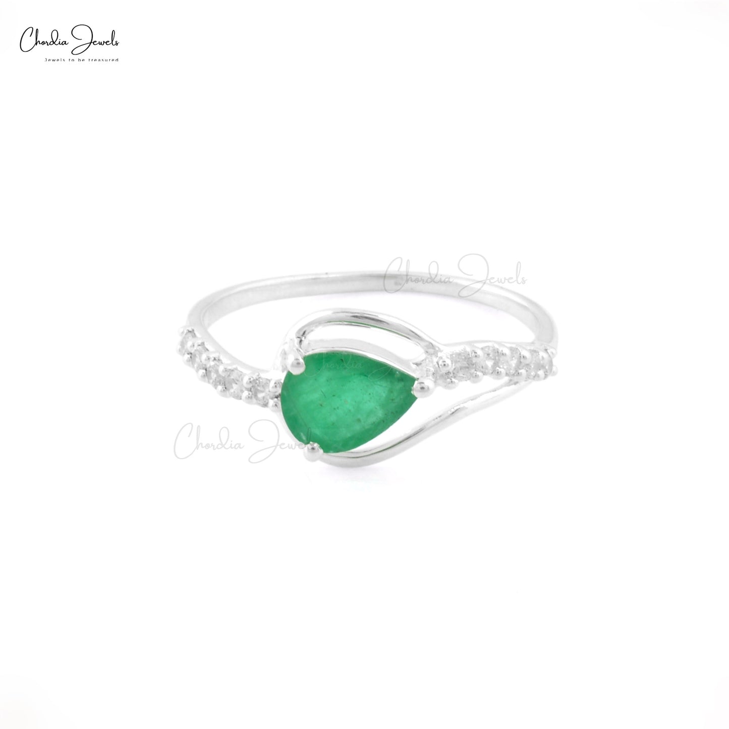 Authentic Pear Emerald and Cubic Zircon Swirl Ring in 925 Sterling Silver Jewelry