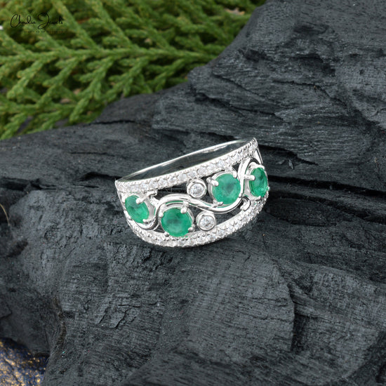 Natural Green Emerald & Zircon Wedding Ring in 925 Sterling Silver 4MM Round Cut Gemstone Jewelry At Wholesale Price