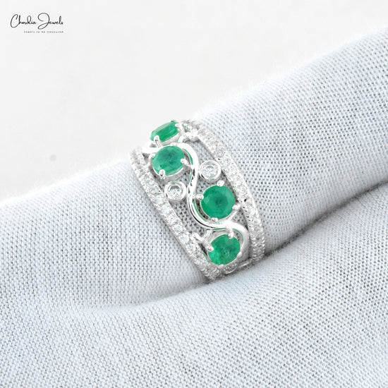 Natural Green Emerald & Zircon Wedding Ring in 925 Sterling Silver 4MM Round Cut Gemstone Jewelry At Wholesale Price