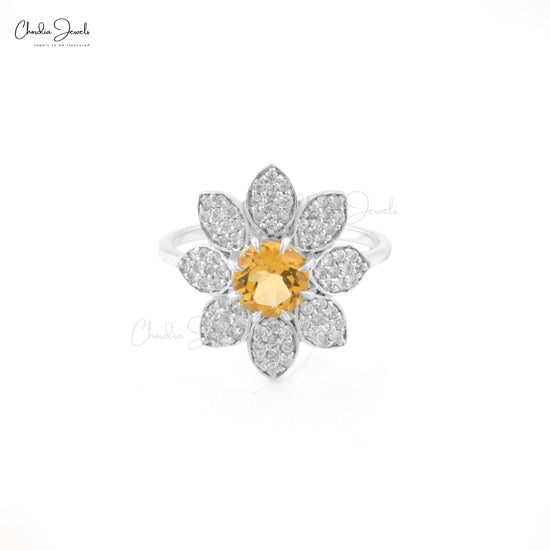 High Quality Jewelry 925 Sterling Silver Floral Ring in Zircon & Natural Citrine Prong Set Jewelry For Engagement Gift