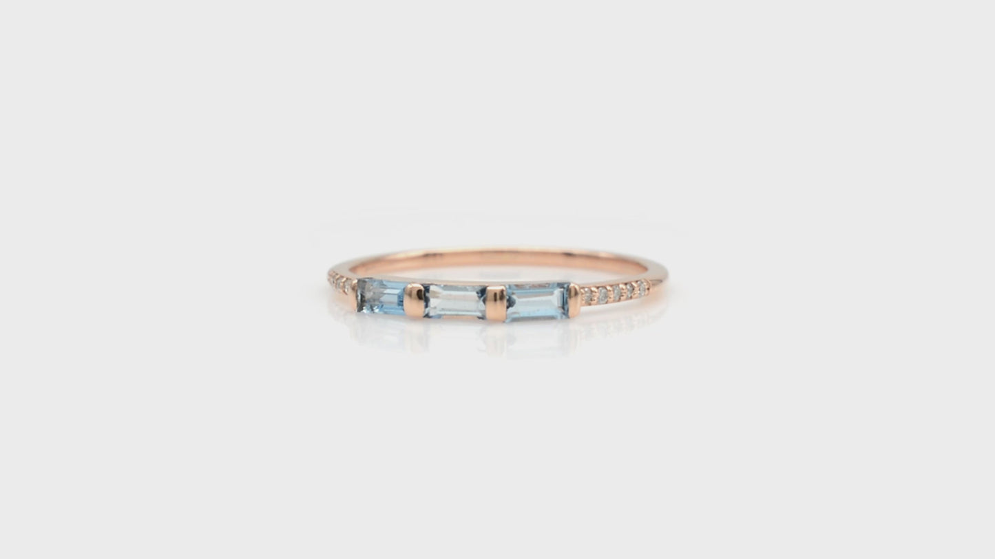 Load and play video in Gallery viewer, Natural 4X2mm Baguette Cut Aquamarine Ring in 14k Solid Rose Gold
