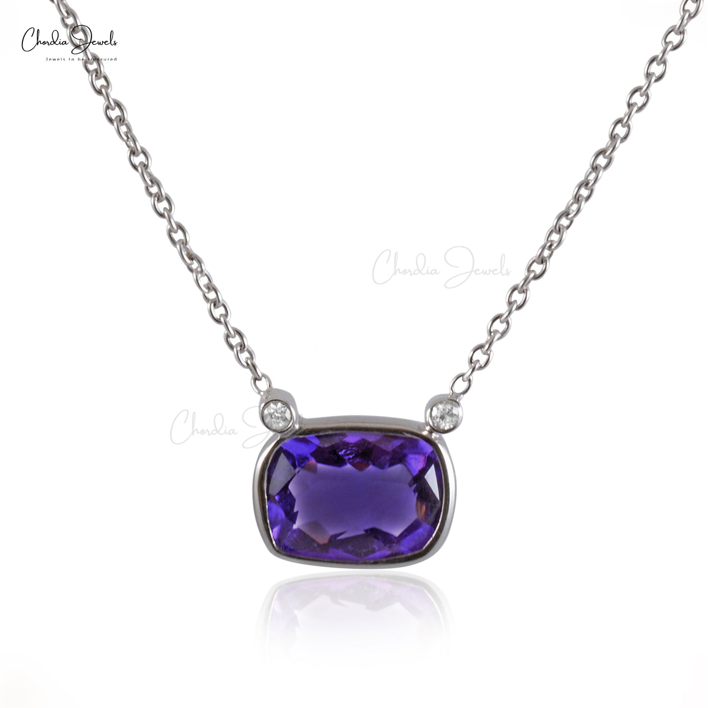 Natural Amethyst and Diamond Necklace in 14k Solid White Gold 8x6mm Recta Cushion Cut Gemstone Bezel Necklace