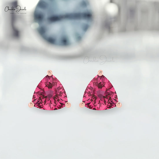 Trillion Cut 4MM Natural Pink Tourmaline Solitaire Stud Earrings