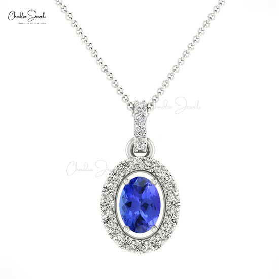 Natural Tanzanite Halo Pendant Necklace For Her Real 14k Gold Natural White Diamond Anniversary Gift For Wife