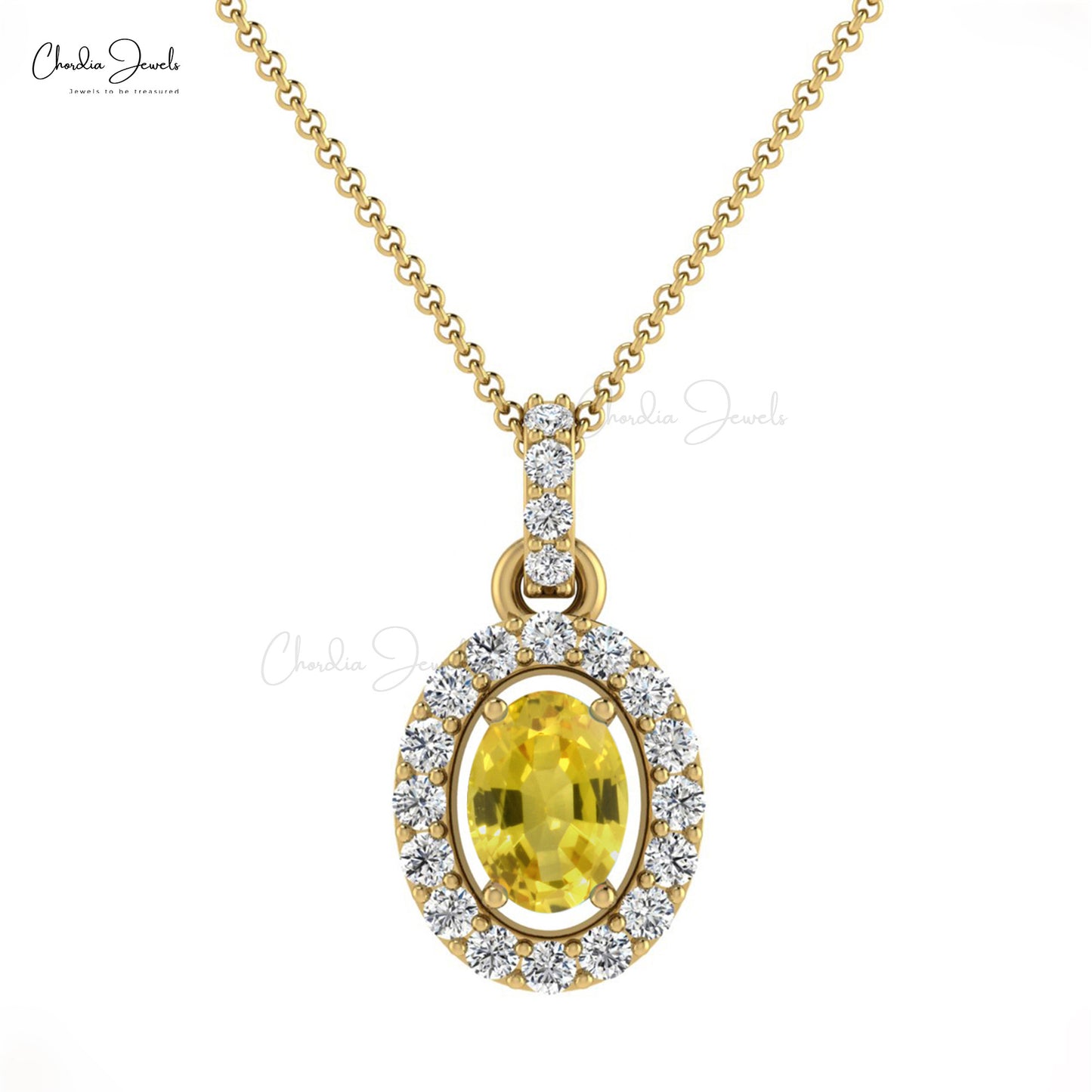 Yellow Sapphire 7x5 mm Oval Halo Diamond 14k Solid Gold Pendant