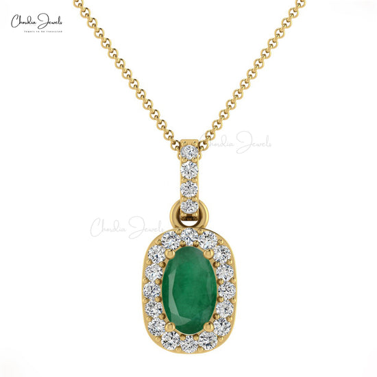 Genuine 0.72CT Emerald Fine Stone Pendant 14K Solid Gold Diamond Halo Pendant For Women