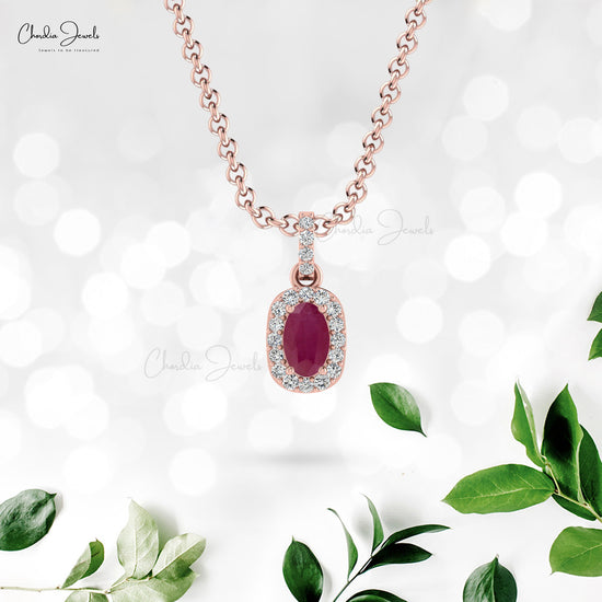 Natural 7x5 mm Sparkling Ruby & Real Diamond Halo Pendant Necklace