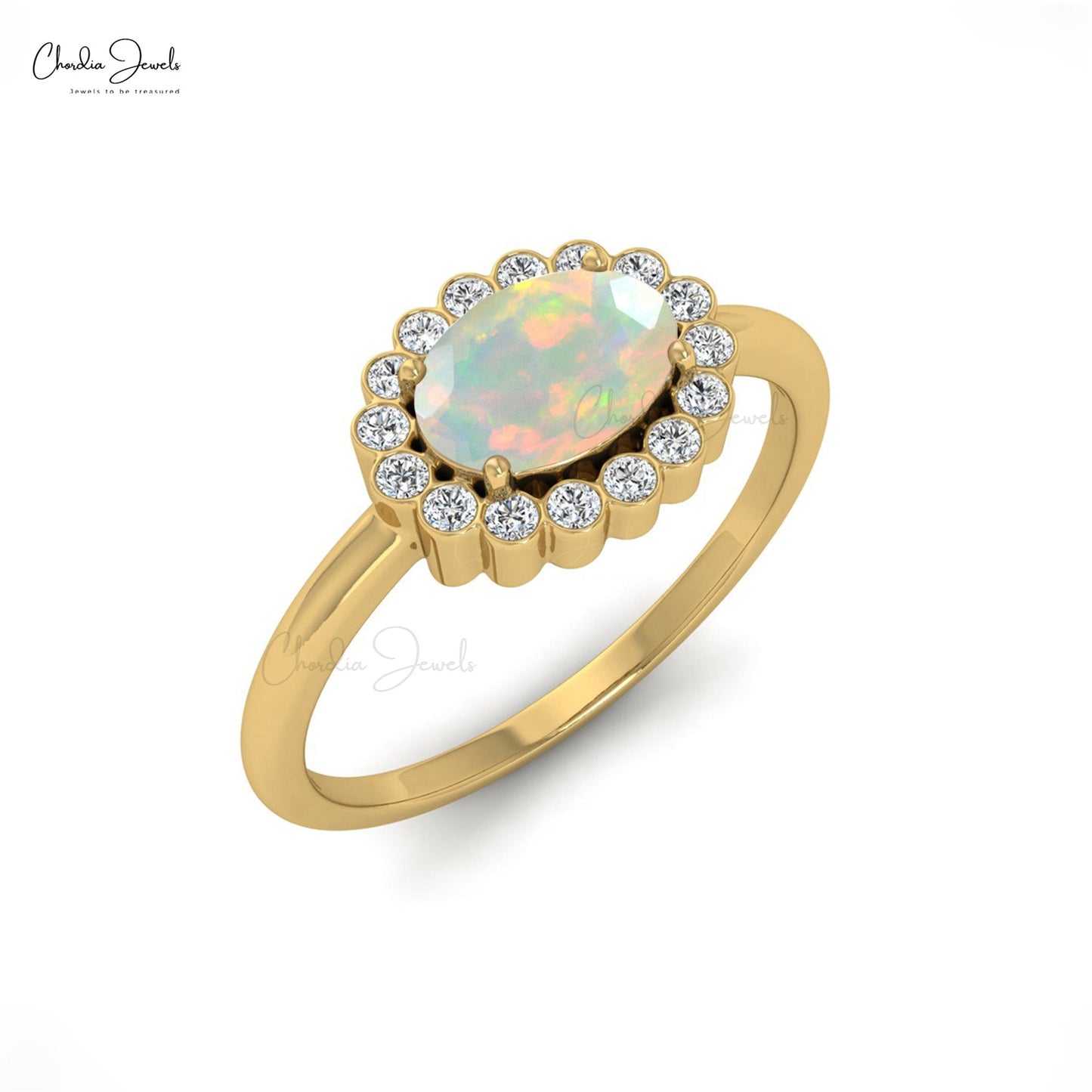 Unique 7x5mm Opal Engagement Ring With Diamond Halo