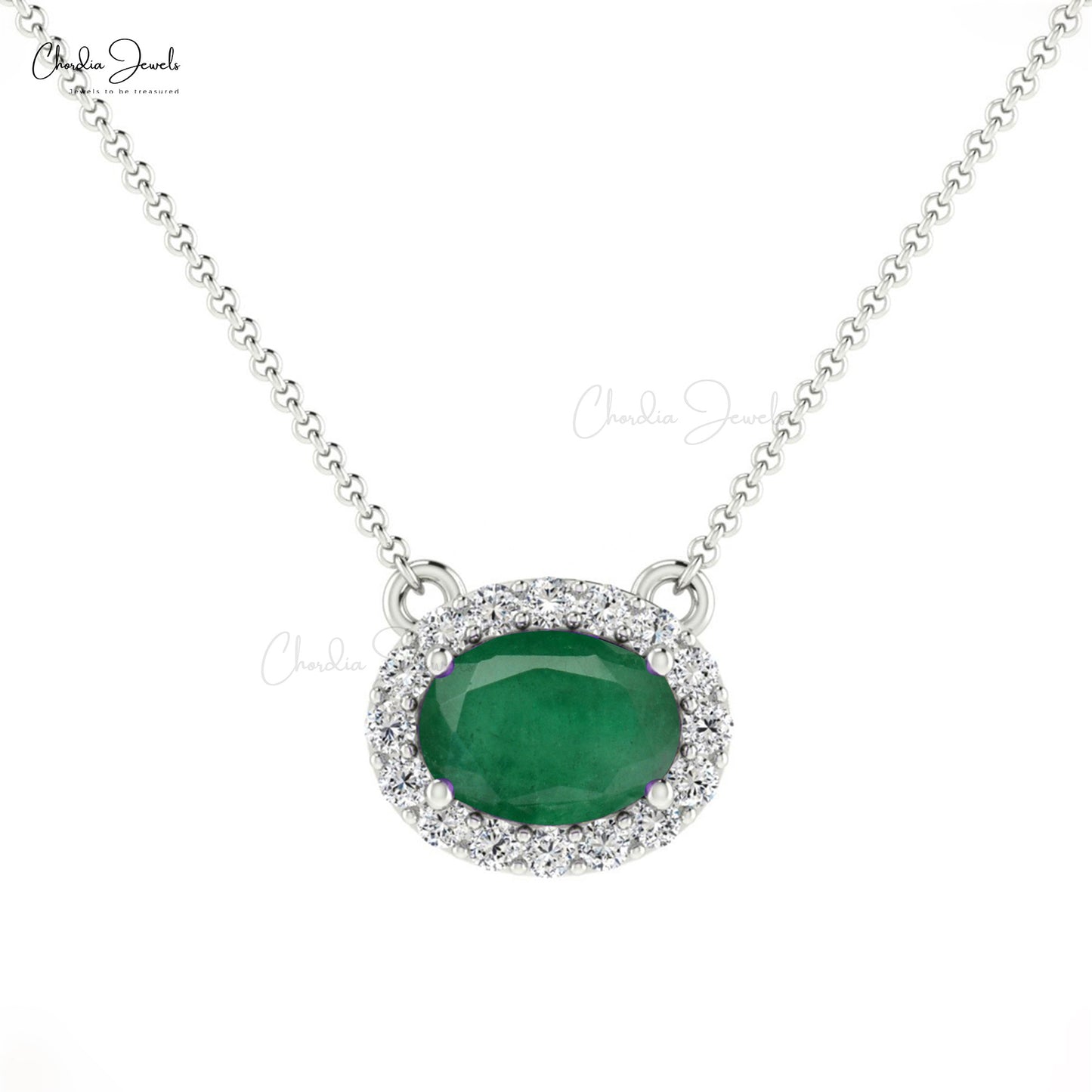 Oval 0.7ct Emerald Diamond Halo Necklace 14k Solid Gold Prong Set Women's Gemstone Necklace