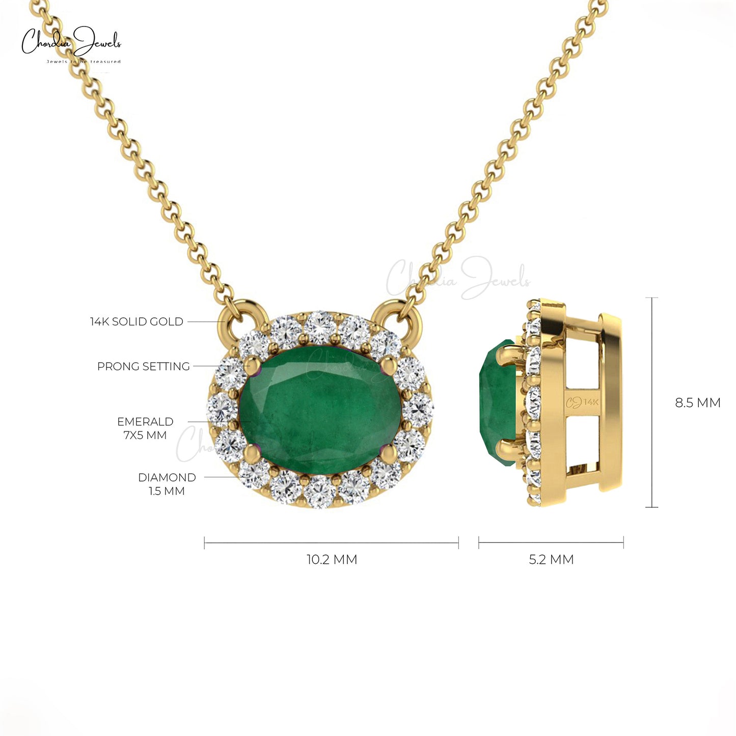 Oval 0.7ct Emerald Diamond Halo Necklace 14k Solid Gold Prong Set Women's Gemstone Necklace
