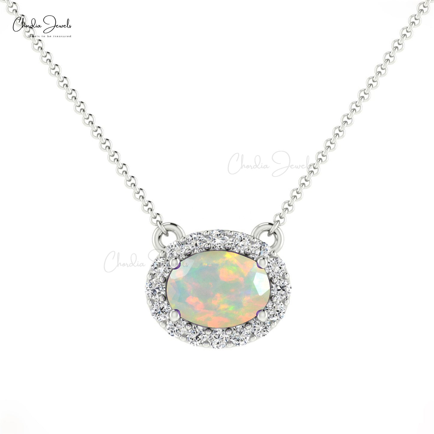 Vintage Style 7X5MM Opal and Diamond Halo Necklace