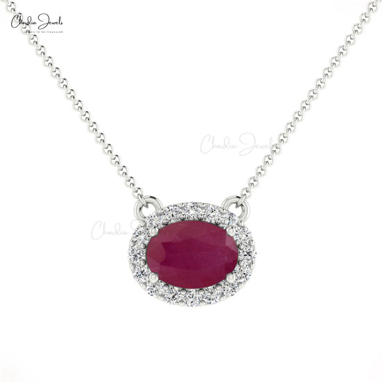 Halo Necklace With 0.7ct Ruby & Diamond Accents Hallmarked 14k Real Gold Birthstone Necklace