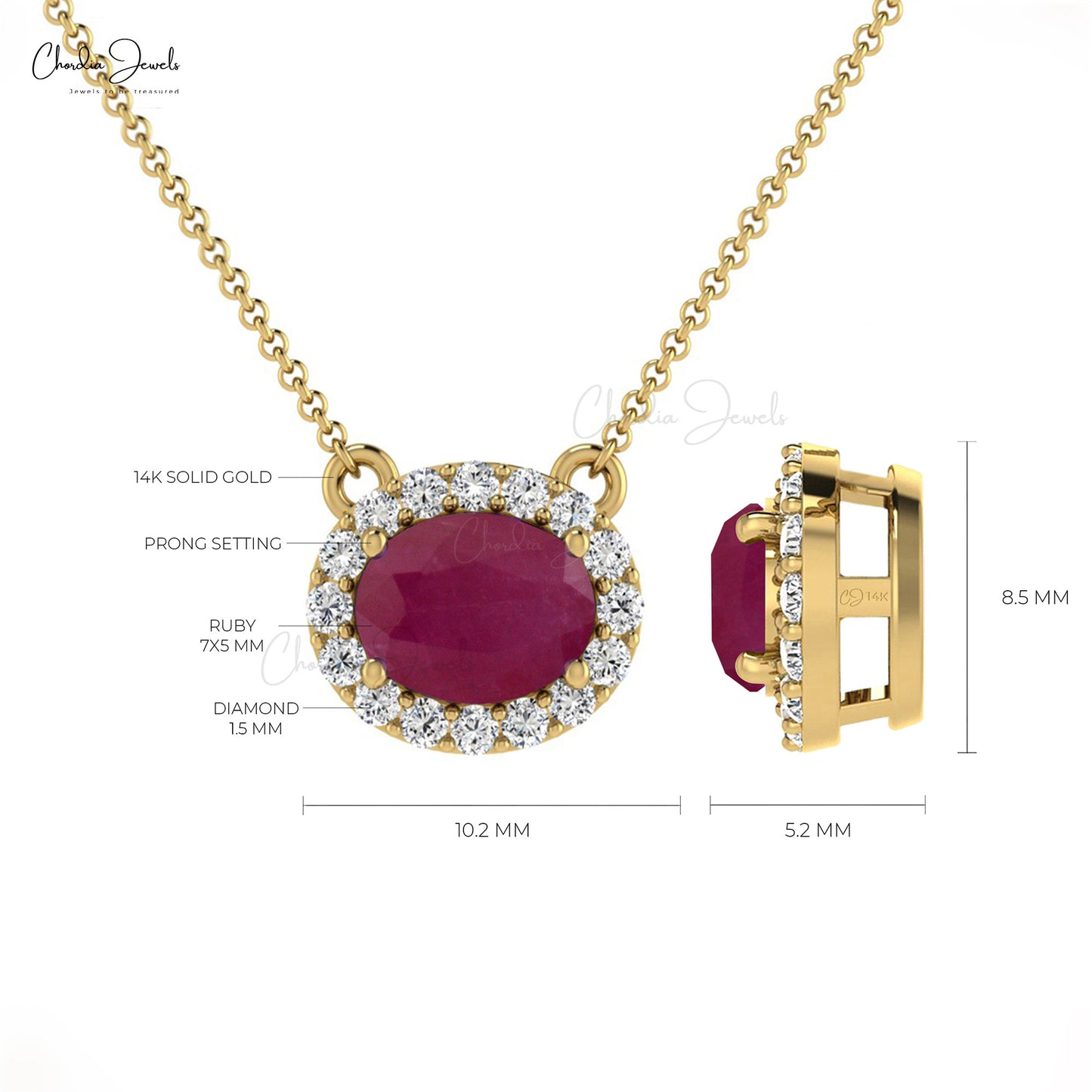 Halo Necklace With 0.7ct Ruby & Diamond Accents Hallmarked 14k Real Gold Birthstone Necklace