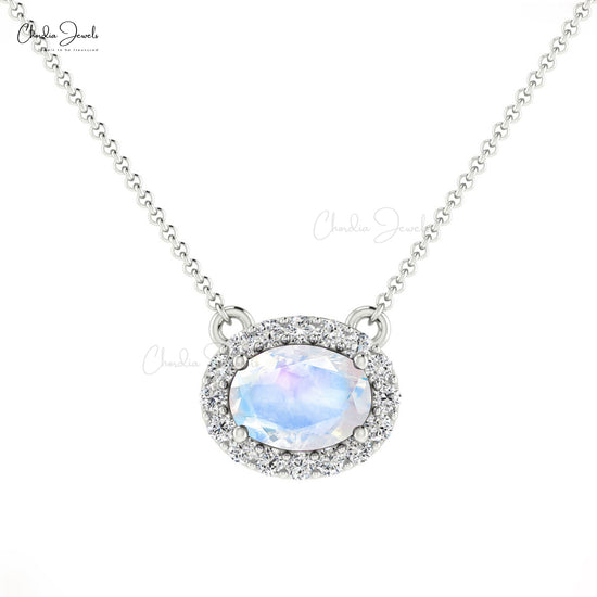 7x5mm Oval Shaped Rainbow Moonstone & Diamond Halo Necklace in 14K Gold