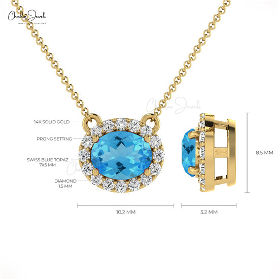 7X5MM Swiss Blue Topaz Diamond Halo Necklace for Women
