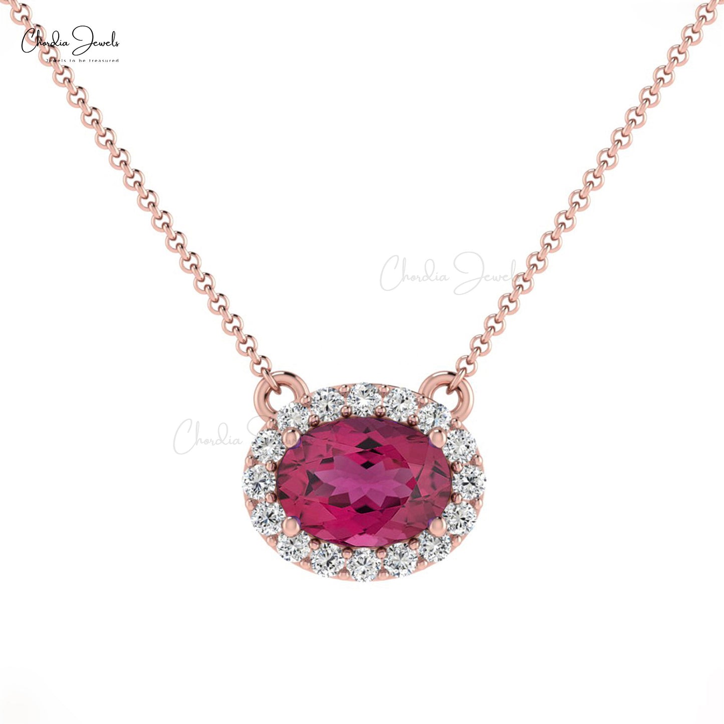 Diamond Halo Necklace with Oval Shaped Pink Tourmaline Stone