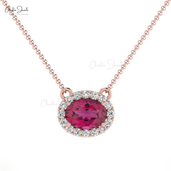 Diamond Halo Necklace with Oval Shaped Pink Tourmaline Stone