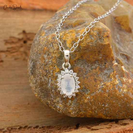 Oval Shape Rainbow Moonstone & Natural White Diamond Halo Style Pendant Necklace in 14k Pure Gold Wedding Gift For Her