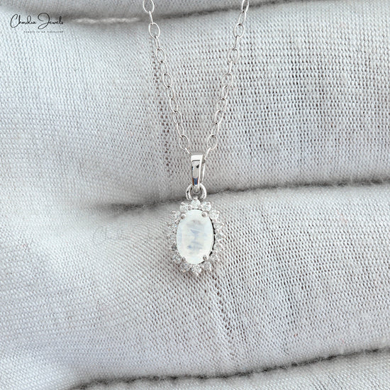 Oval Shape Rainbow Moonstone & Natural White Diamond Halo Style Pendant Necklace in 14k Pure Gold Wedding Gift For Her