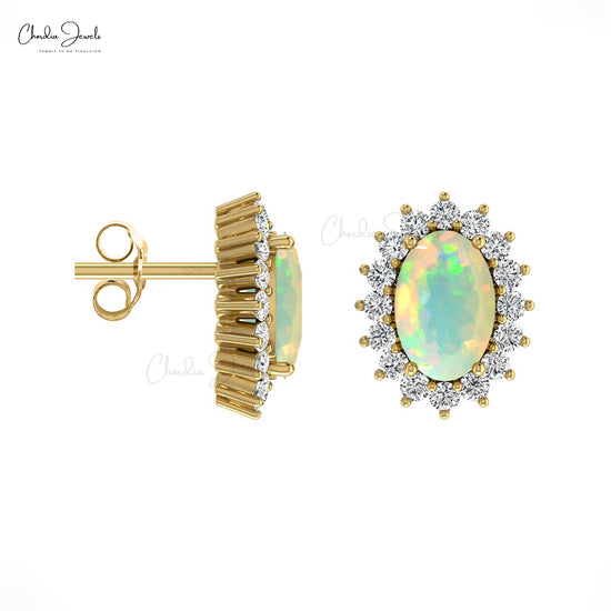 6x4mm Prong Set Opal And Diamond Oval Halo Earrings