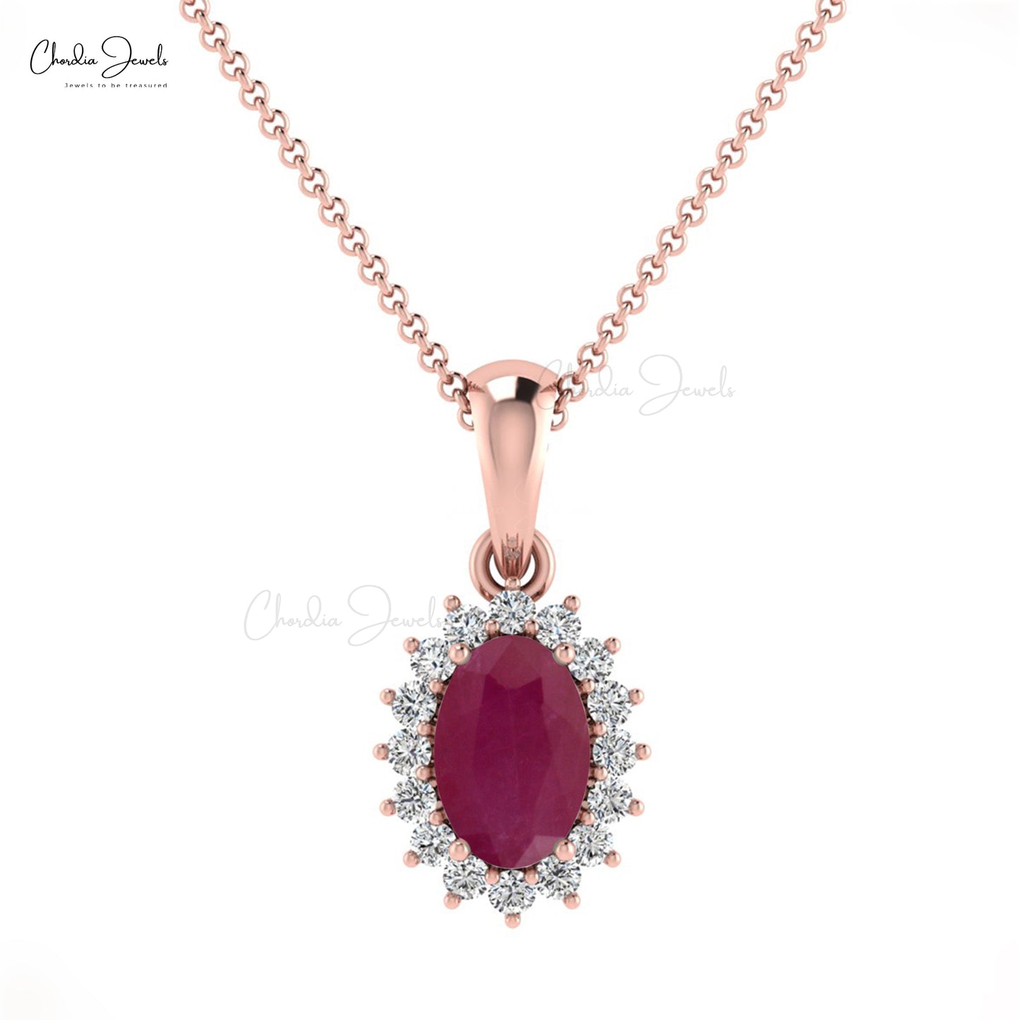 Unique 6x4mm Oval Shaped Red Ruby Pendant With Diamond Halo