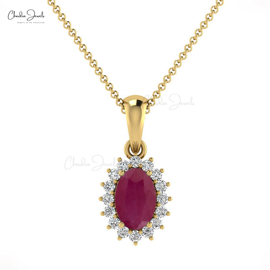 Unique 6x4mm Oval Shaped Red Ruby Pendant With Diamond Halo