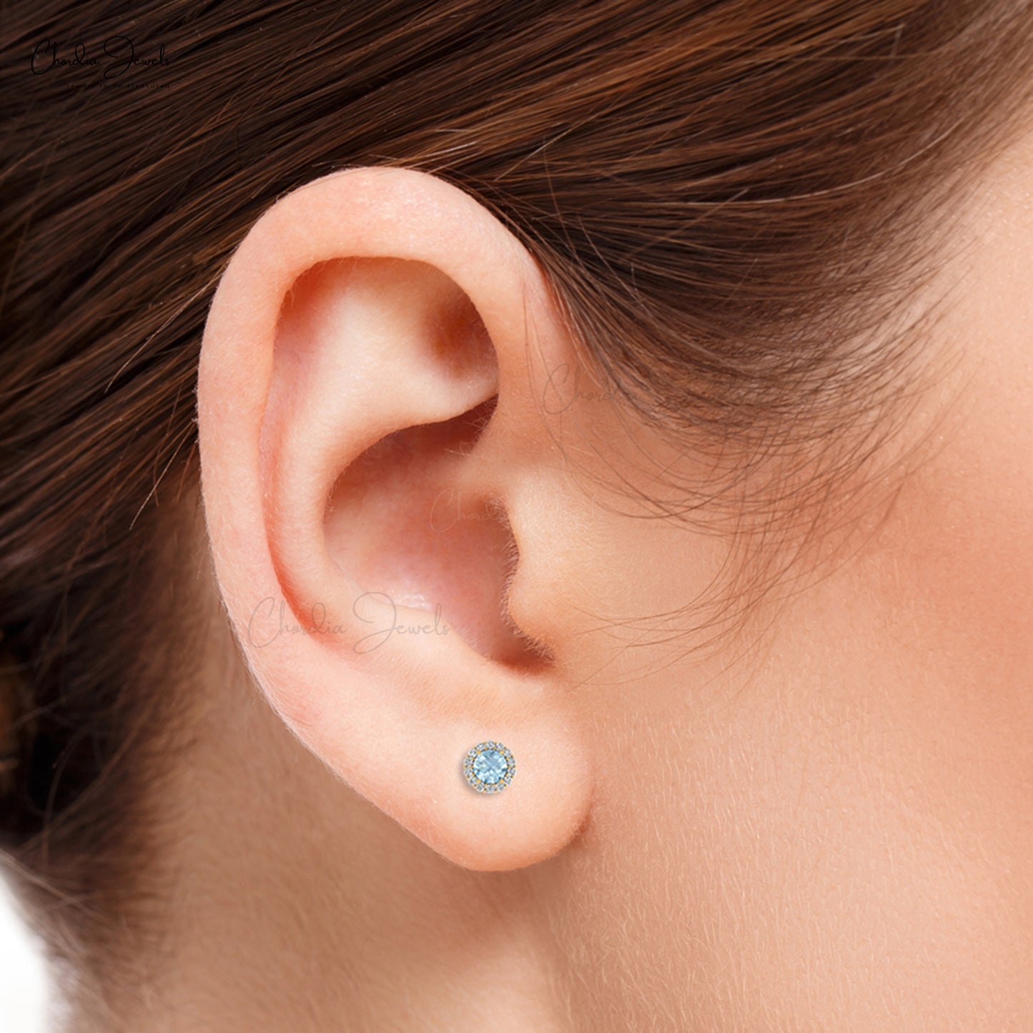 Brilliant Cut Diamond Halo Earring with Round Cut Aquamarine Stone
