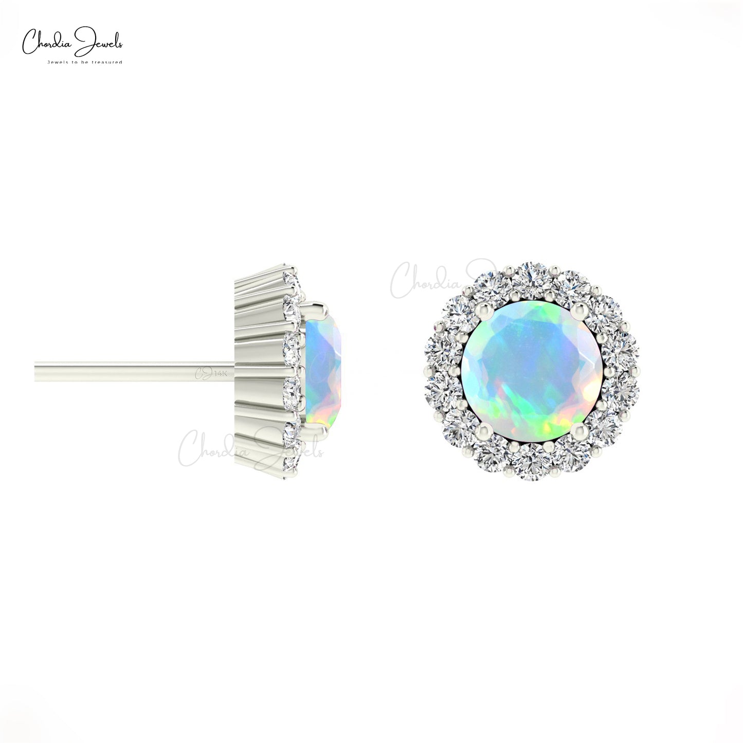 Vintage Inspired Round Cut Opal Diamond Halo Stud Earrings