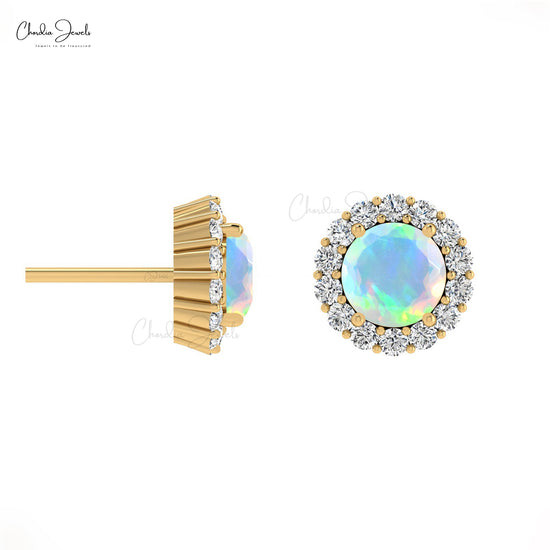 Vintage Inspired Round Cut Opal Diamond Halo Stud Earrings