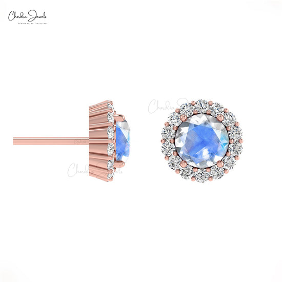 4mm Round Cut Moonstone And Diamond Halo Earrings For Her