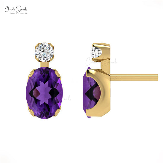 Natural 7X5 MM Oval Cut Amethyst Diamond Accented Studs in Solid Gold
