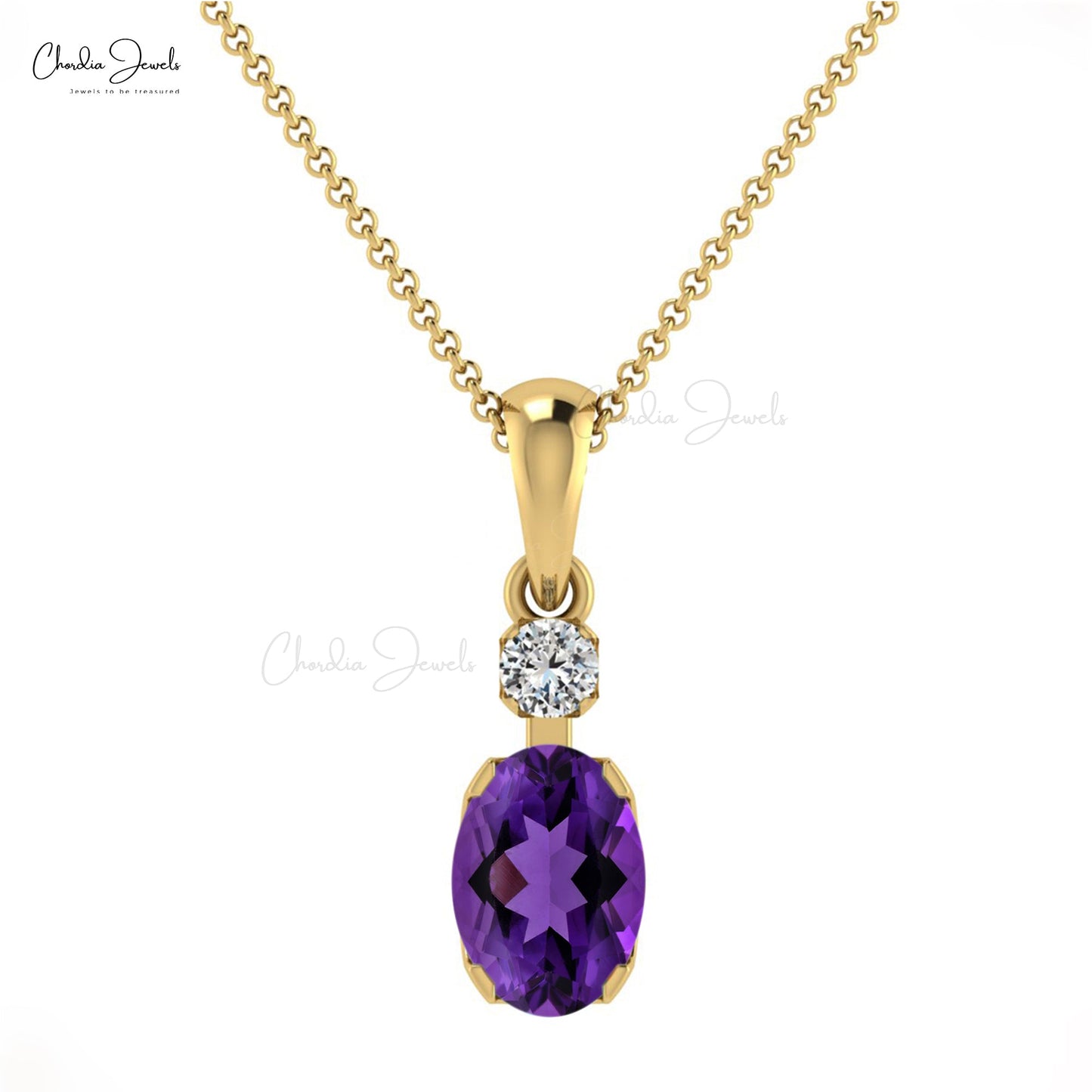 7x5mm Oval Faceted Natural Amethyst Pendant, 14k Solid Gold Diamond Pendant, February Birthstone Pendant Gift for Her