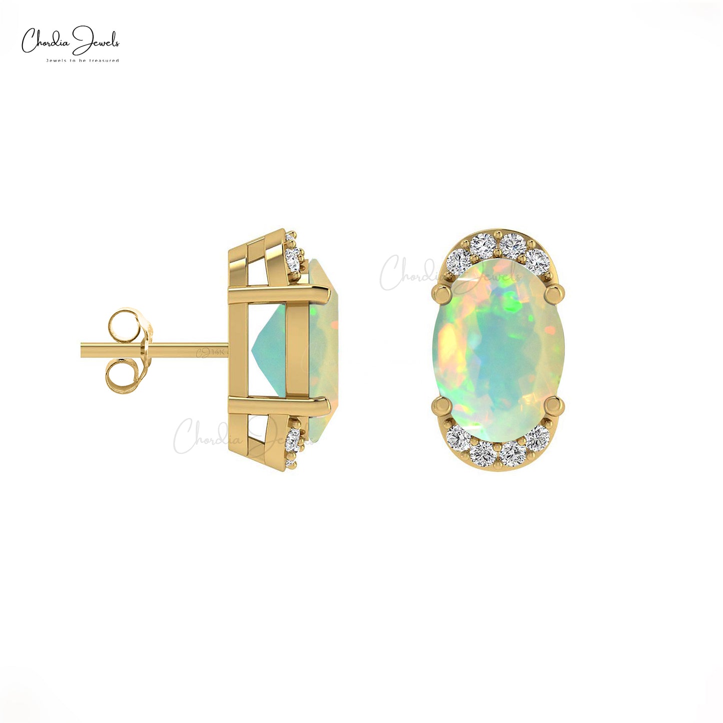 Natural October Birthstone Opal & Real Dimond Half Halo Earrings In 14K Gold For Gift