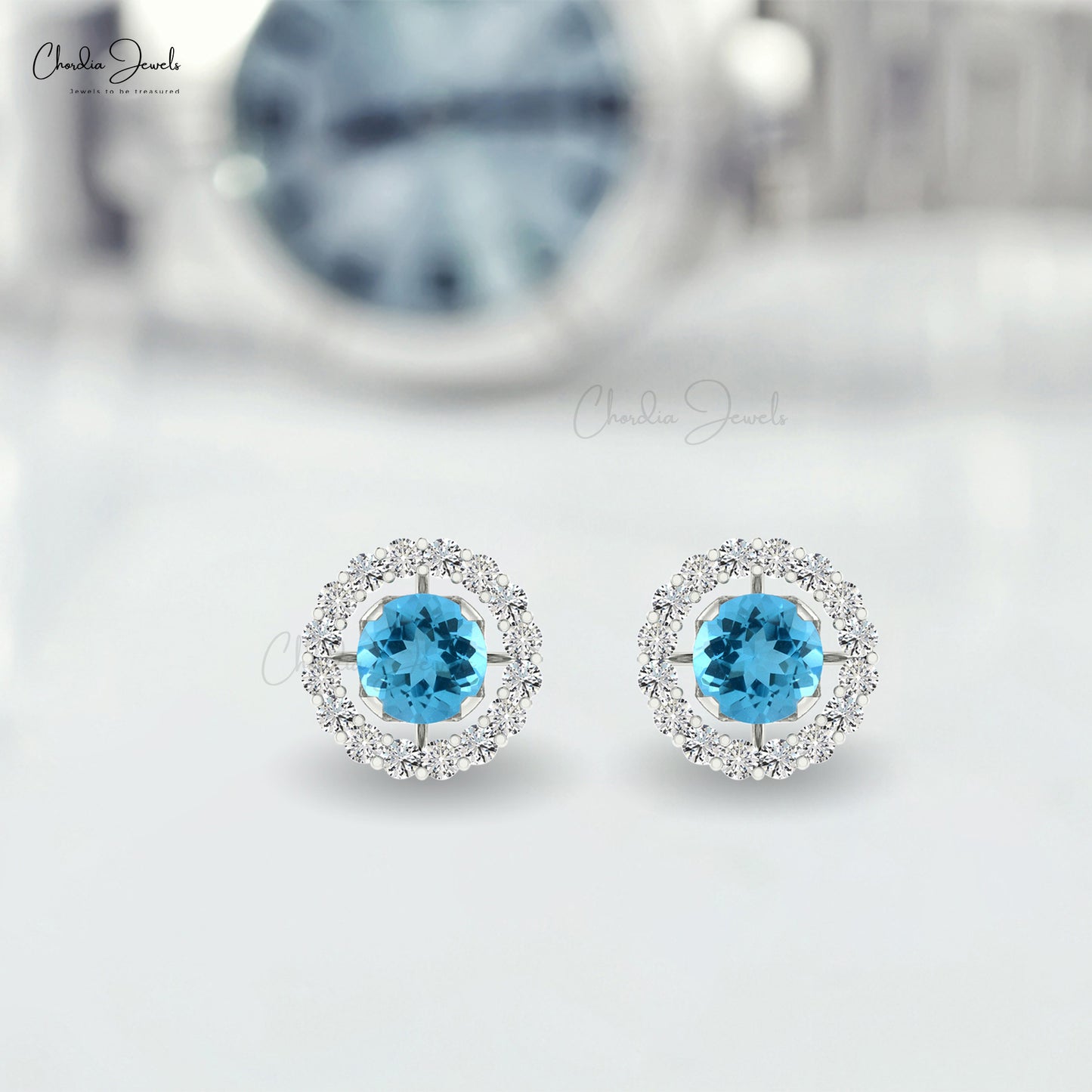 G-H Diamond & Natural Swiss Blue Topaz Detachable Halo Earrings in 14K Gold for Her