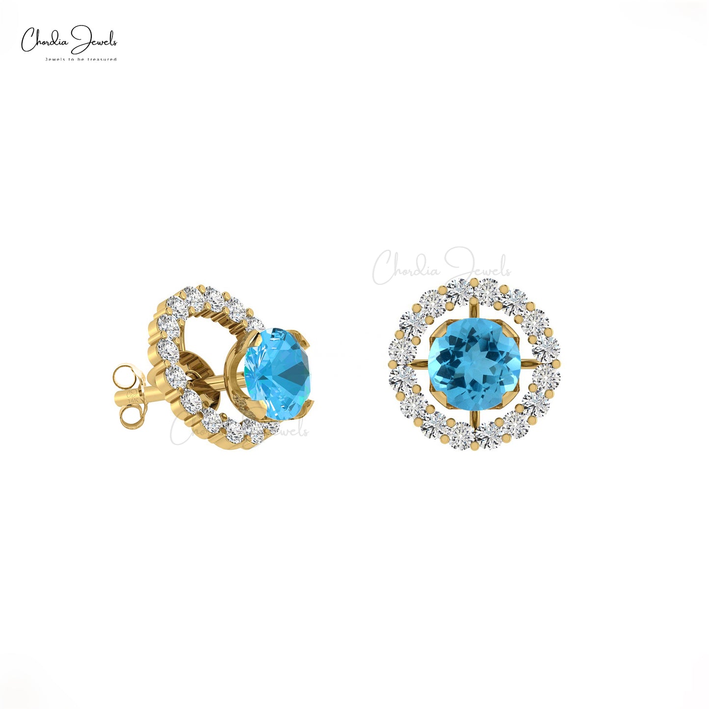 G-H Diamond & Natural Swiss Blue Topaz Detachable Halo Earrings in 14K Gold for Her