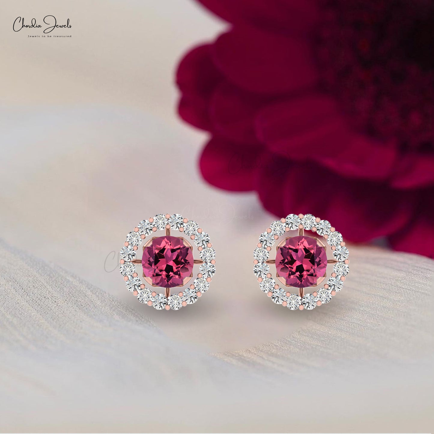 Natural Pink Tourmaline Diamond 14K Gold Halo Stud Earrings For Women